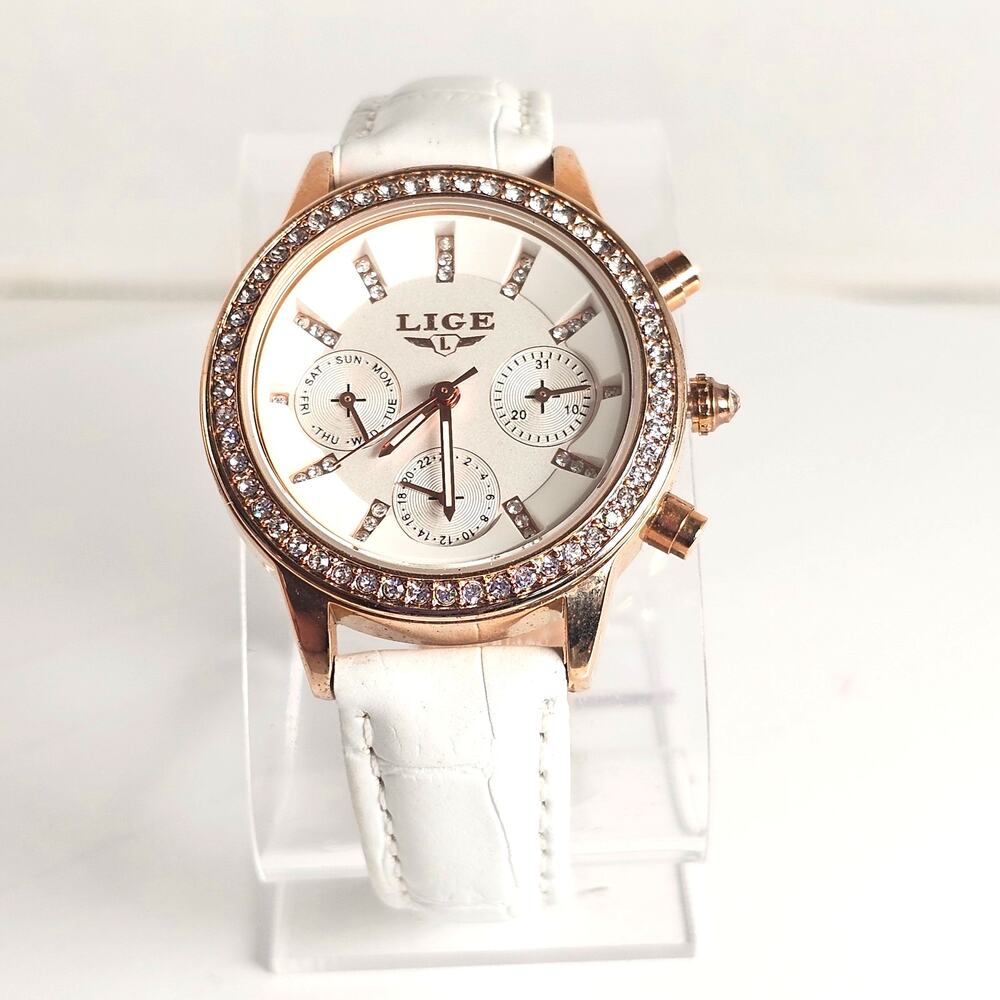 LIGE Women’s Quartz Watch White Band Rose Gold 34mm Case Crystals Works, Tested